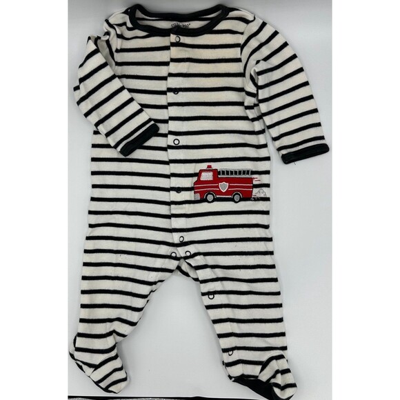 Little Me Fire Truck Button-Up. Black White Sripe (925) - Picture 1 of 3